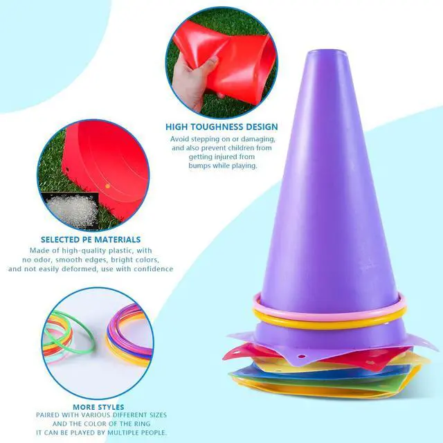 Alt view image 4 of 7 - 26 Pcs Plastic Colorful Cones Ring Toss Combo Set Outdoor Carnival Games for Kids Adults Birthday Party Throwing Backyard Games