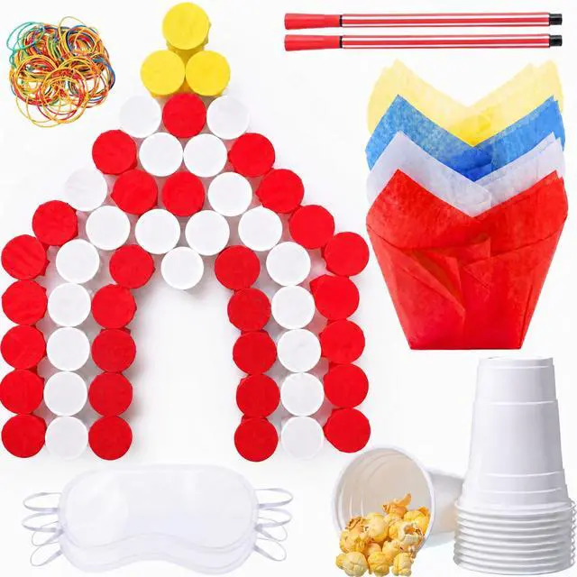 Main image of 60 Pack Carnival Party Game Punch Game Set DIY Prize Punch Boxes Includes Plastic Cups Tissue Paper Rubber Bands Blindfolds and Red Pens for Carnival Circus Activities Party Favors Supplies