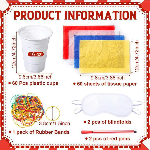 Alt view image 2 of 7 - 60 Pack Carnival Party Game Punch Game Set DIY Prize Punch Boxes Includes Plastic Cups Tissue Paper Rubber Bands Blindfolds and Red Pens for Carnival Circus Activities Party Favors Supplies