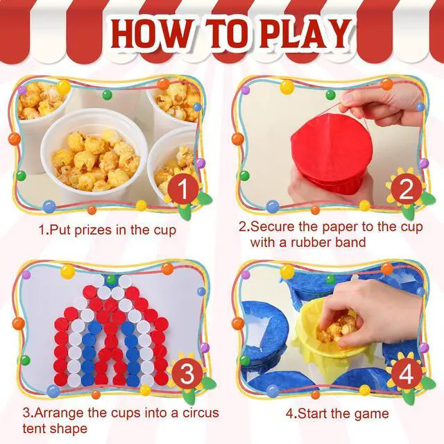 Alt view image 3 of 7 - 60 Pack Carnival Party Game Punch Game Set DIY Prize Punch Boxes Includes Plastic Cups Tissue Paper Rubber Bands Blindfolds and Red Pens for Carnival Circus Activities Party Favors Supplies
