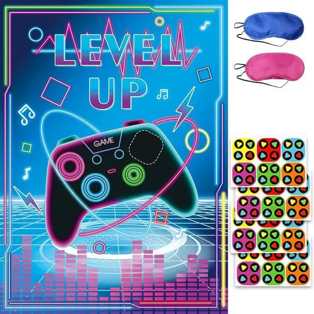 Main image of Pin The Tail Games- Pin The Button on The Video Game Party Game With 24 Buttons 20.5x28.3 Inch Poster For Family Birthday Party Gaming Theme Events 2 Thickened Blindfolds Included (Video)
