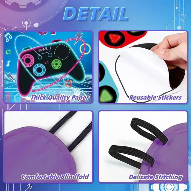 Alt view image 4 of 7 - Pin The Tail Games- Pin The Button on The Video Game Party Game With 24 Buttons 20.5x28.3 Inch Poster For Family Birthday Party Gaming Theme Events 2 Thickened Blindfolds Included (Video)