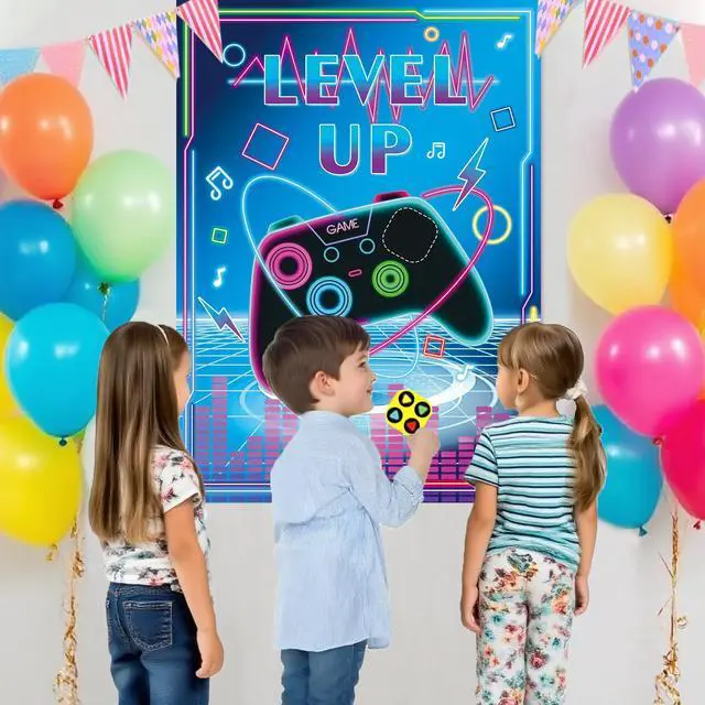 Alt view image 6 of 7 - Pin The Tail Games- Pin The Button on The Video Game Party Game With 24 Buttons 20.5x28.3 Inch Poster For Family Birthday Party Gaming Theme Events 2 Thickened Blindfolds Included (Video)