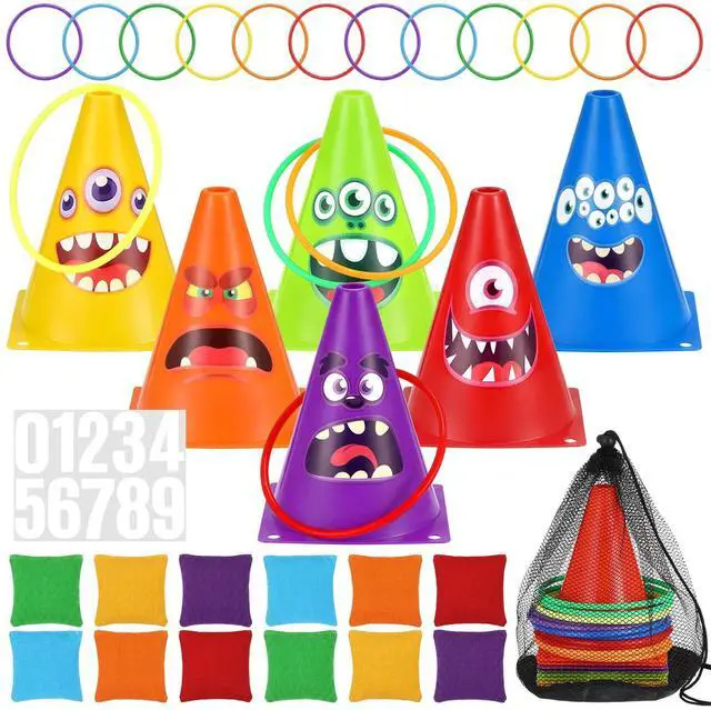 Main image of 12set 3 in 1 Monsters Ring Toss Game Set, Carnival Game Kit with Cones, Rings, Bean Bags & Storage Bag, Includes for DIY Toss Games, Birthday Party, Easter, Carnival