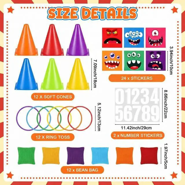 Alt view image 2 of 6 - 12set 3 in 1 Monsters Ring Toss Game Set, Carnival Game Kit with Cones, Rings, Bean Bags & Storage Bag, Includes for DIY Toss Games, Birthday Party, Easter, Carnival