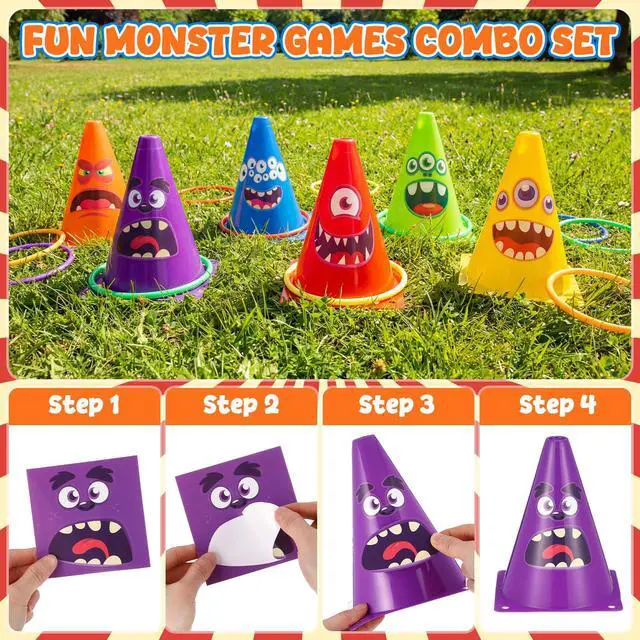 Alt view image 3 of 6 - 12set 3 in 1 Monsters Ring Toss Game Set, Carnival Game Kit with Cones, Rings, Bean Bags & Storage Bag, Includes for DIY Toss Games, Birthday Party, Easter, Carnival