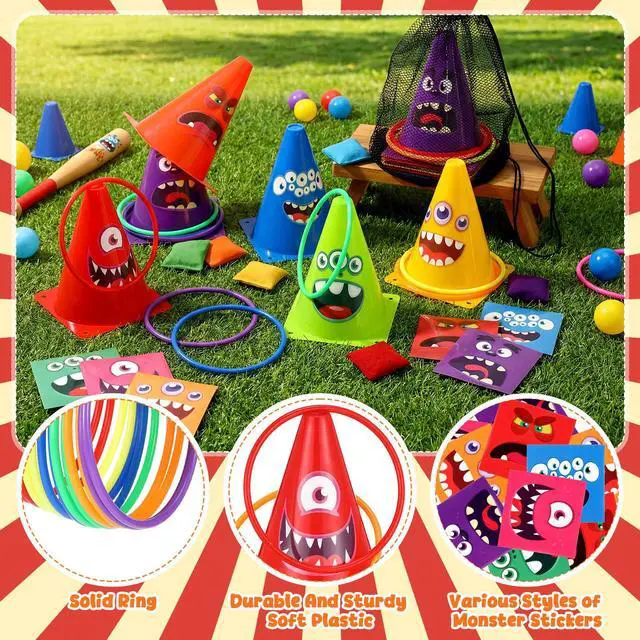 Alt view image 4 of 6 - 12set 3 in 1 Monsters Ring Toss Game Set, Carnival Game Kit with Cones, Rings, Bean Bags & Storage Bag, Includes for DIY Toss Games, Birthday Party, Easter, Carnival