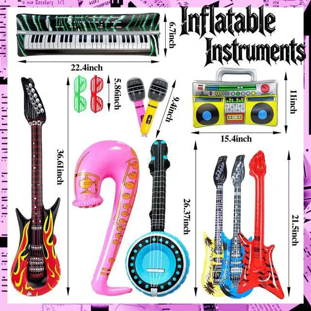Alt view image 2 of 6 - 12 Pcs Inflatable Instruments Party Props Set, Photo Booth Props Inflatable Guitar Bass Lute Saxophone Piano Microphone Glasses Rock Star Theme Party Toys Decor for Vintage Birthday Carnival Party Sup