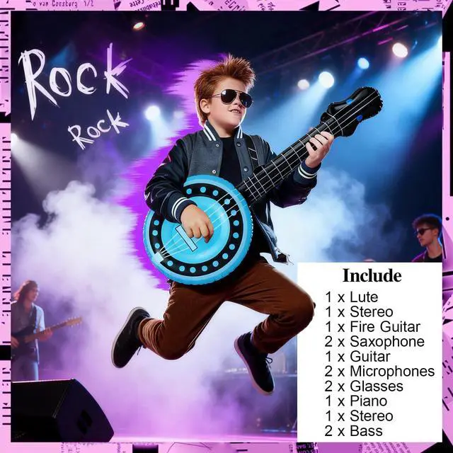 Alt view image 3 of 6 - 12 Pcs Inflatable Instruments Party Props Set, Photo Booth Props Inflatable Guitar Bass Lute Saxophone Piano Microphone Glasses Rock Star Theme Party Toys Decor for Vintage Birthday Carnival Party Sup
