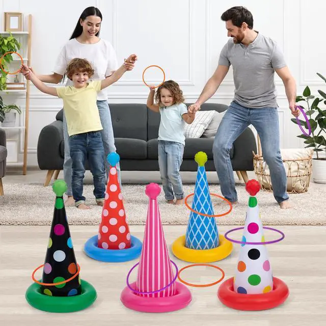 Alt view image 6 of 7 - Inflatable Ring Toss Game, Birthday Party Games Ring Toss Game for Kids Adults Birthday Party Decorations Lawn & Yard Games Toys for Family 5-Pack with 10 Plastic Rings