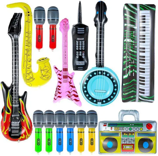 Main image of 15 Pcs Inflatable Instruments Rock Star Toy Set Photo Booth Props Inflatable Guitar Saxophone Bass Lute Piano Recorder Phone Microphone for 80s 90s Themed Party Carnival Party Favors