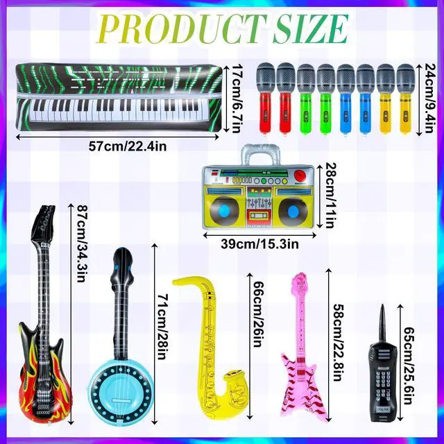 Alt view image 2 of 7 - 15 Pcs Inflatable Instruments Rock Star Toy Set Photo Booth Props Inflatable Guitar Saxophone Bass Lute Piano Recorder Phone Microphone for 80s 90s Themed Party Carnival Party Favors