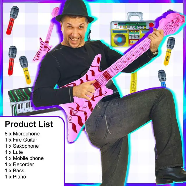 Alt view image 4 of 7 - 15 Pcs Inflatable Instruments Rock Star Toy Set Photo Booth Props Inflatable Guitar Saxophone Bass Lute Piano Recorder Phone Microphone for 80s 90s Themed Party Carnival Party Favors