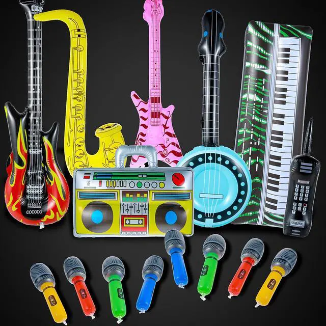Alt view image 6 of 7 - 15 Pcs Inflatable Instruments Rock Star Toy Set Photo Booth Props Inflatable Guitar Saxophone Bass Lute Piano Recorder Phone Microphone for 80s 90s Themed Party Carnival Party Favors