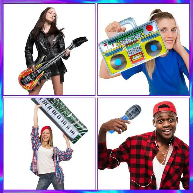 Alt view image 5 of 7 - 15 Pcs Inflatable Instruments Rock Star Toy Set Photo Booth Props Inflatable Guitar Saxophone Bass Lute Piano Recorder Phone Microphone for 80s 90s Themed Party Carnival Party Favors