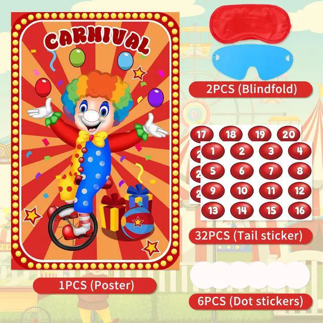 Alt view image 2 of 7 - Circus Games Pin The Nose on The Clown Carnival Party Games for Kids Clown Party Supplies Circus Themed Birthday Party Decorations, Large Clown Games Poster with 32 Nose Stickers