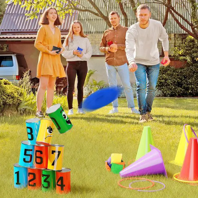 Alt view image 2 of 7 - 58PCS Carnival Games Combo Set, Dart Board Knock Down Can Bean Bag Toss Game Party Indoor Outdoor Birthday Party Fall Festival Field Day for Kids Adults Yard Plastic Cones Outside Games
