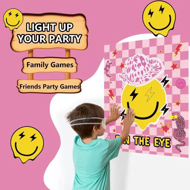 Alt view image 3 of 5 - ONE Happy Dude Party Games Birthday Decorations, Pin The Eye on The Dude Game Smiley Face Pink Girls Party Favors Supplies