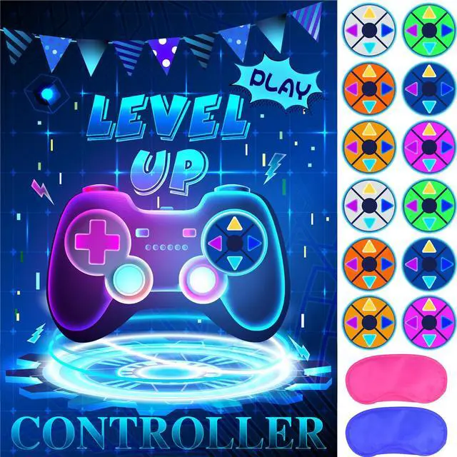 Main image of Pin The Button Video Game Party Game - 30 Video Game Button Stickers, Construction Birthday Party Favor Sets for Kids & Adults