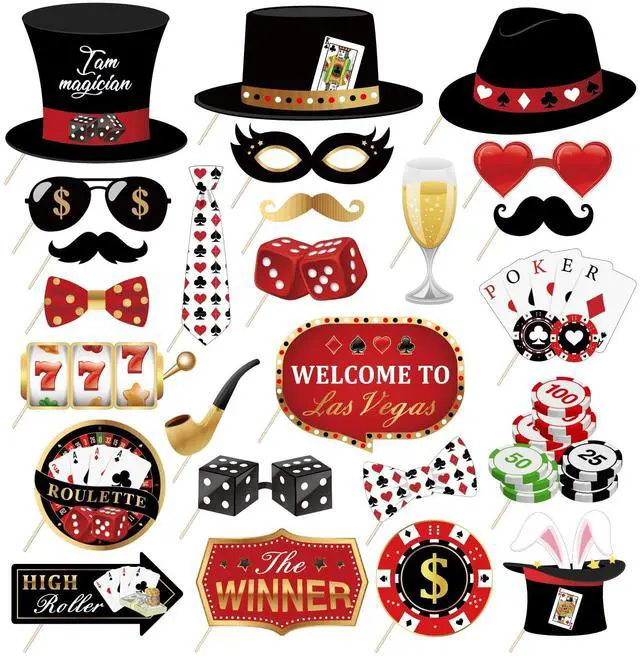 Main image of 25 Pieces Casino Photo Booth Props, Las Vegas Photo Booth Props, Poker Selfie Prop for Casino Theme Party Decorations, Poker Party Decoration, Game Night Vegas Themed Party Decorations