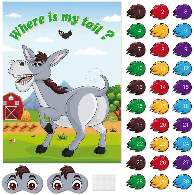Main image of Pin The Tail on The Donkey Game with 30 Tail Stickers for Birthday Party Carnival Circus Supplies