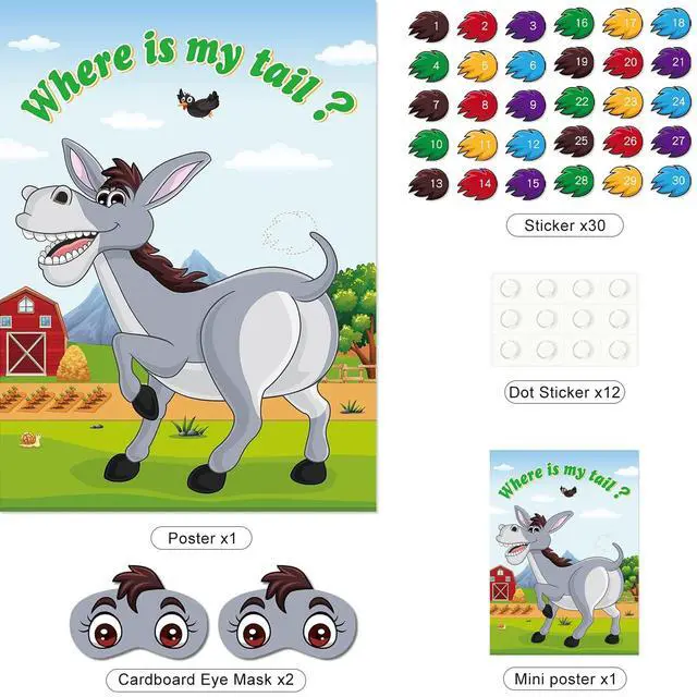 Alt view image 3 of 7 - Pin The Tail on The Donkey Game with 30 Tail Stickers for Birthday Party Carnival Circus Supplies