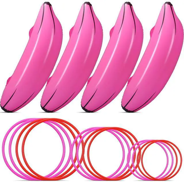 Main image of 16 Pcs Inflatable Banana Ring Toss Party Favor for Women Include 4 Pack Inflatable Banana with 12 Pcs Plastic Toss Rings Niqht for Adults Swimming Pool Decorations(Pink)