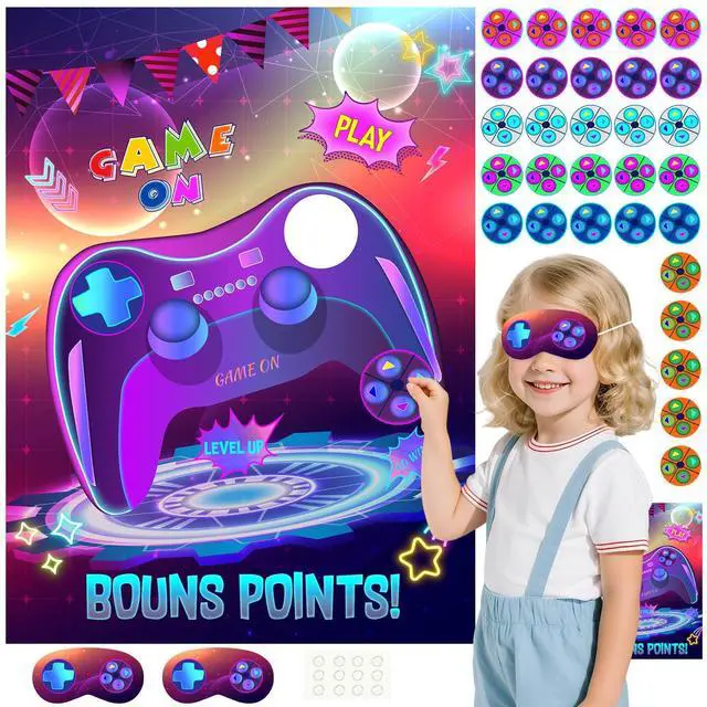 Main image of Pin The Button on The Video Game Party Game Kids Birthday Big Poster with Controller Button Stickers for Classroom Party Favors Decorations Boys Birthday Playing Party Supplies