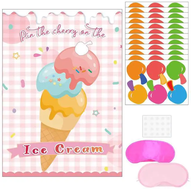 Main image of Pin The Cherry on The Ice Cream Game -Ice Cream Party Game with 21'' x 28'' Poster, Reusable Cherry Sticker Carnival Party Supplies Kids Birthday Party Favor Sets