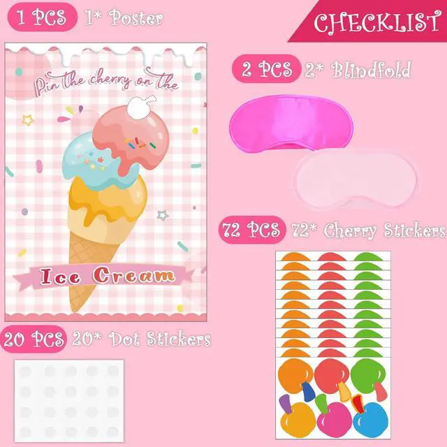 Alt view image 4 of 7 - Pin The Cherry on The Ice Cream Game -Ice Cream Party Game with 21'' x 28'' Poster, Reusable Cherry Sticker Carnival Party Supplies Kids Birthday Party Favor Sets