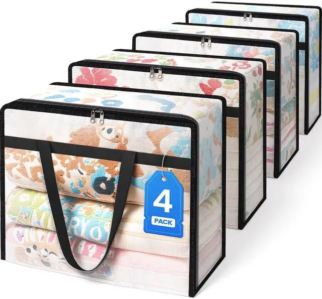 Main image of 4 Pack Clear Clothes Storage Bags, Moving Bags, Foldable Blanket Storage Under Bed Storage Containers with Sturdy Zipper and Handle for Clothing, Comforter, Bedding, Sheet (40L)