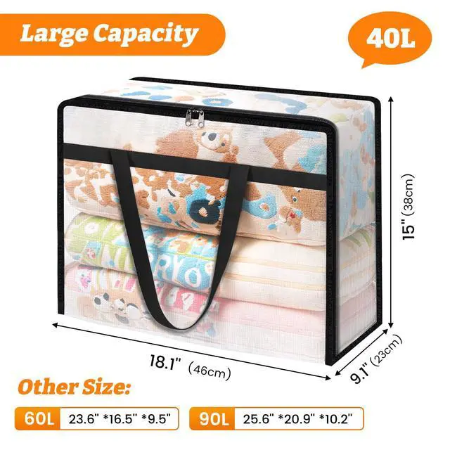 Alt view image 2 of 7 - 4 Pack Clear Clothes Storage Bags, Moving Bags, Foldable Blanket Storage Under Bed Storage Containers with Sturdy Zipper and Handle for Clothing, Comforter, Bedding, Sheet (40L)
