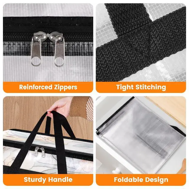 Alt view image 3 of 7 - 4 Pack Clear Clothes Storage Bags, Moving Bags, Foldable Blanket Storage Under Bed Storage Containers with Sturdy Zipper and Handle for Clothing, Comforter, Bedding, Sheet (40L)