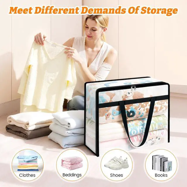 Alt view image 6 of 7 - 4 Pack Clear Clothes Storage Bags, Moving Bags, Foldable Blanket Storage Under Bed Storage Containers with Sturdy Zipper and Handle for Clothing, Comforter, Bedding, Sheet (40L)