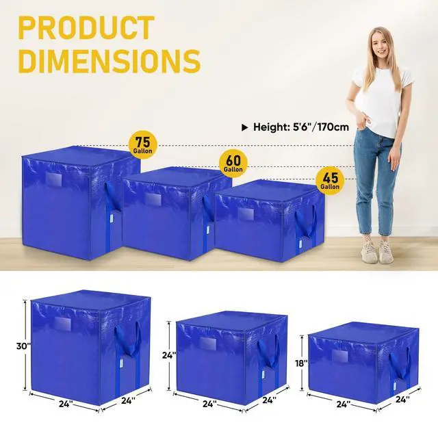 Alt view image 5 of 7 - 2 Pack Extra Large Moving Bags with Zippers & Carrying Handles, Heavy-Duty Storage Tote Moving Boxes for Space Saving (2 PK, 45 Gallon)