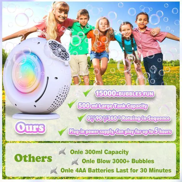 Alt view image 2 of 7 - Bubble Machine, Automatic Bubble Maker Rechargeable, 15000+ Big Bubbles per Min, Colorful LED Lights, 90° 360° Rotatable Portable Electric Bubbles Toy for Kids Toddlers, Outdoor Wedding Party Gifts