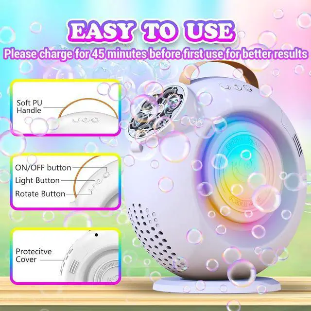 Alt view image 3 of 7 - Bubble Machine, Automatic Bubble Maker Rechargeable, 15000+ Big Bubbles per Min, Colorful LED Lights, 90° 360° Rotatable Portable Electric Bubbles Toy for Kids Toddlers, Outdoor Wedding Party Gifts