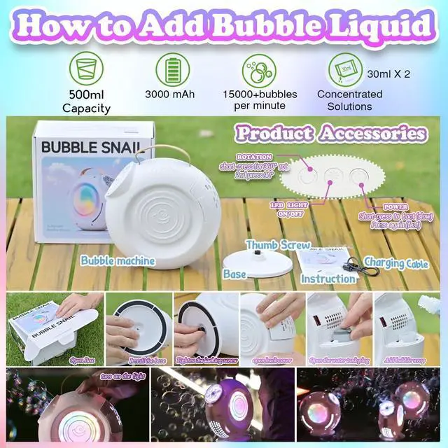 Alt view image 7 of 7 - Bubble Machine, Automatic Bubble Maker Rechargeable, 15000+ Big Bubbles per Min, Colorful LED Lights, 90° 360° Rotatable Portable Electric Bubbles Toy for Kids Toddlers, Outdoor Wedding Party Gifts