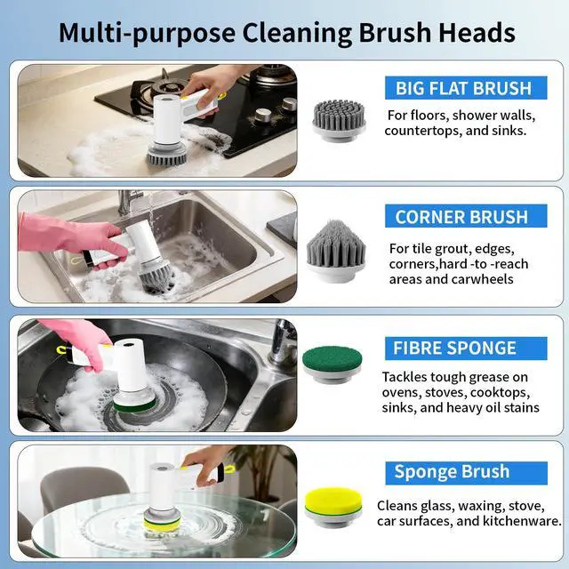 Alt view image 4 of 7 - 3000mAh Cordless Electric Spin Scrubber, 20W High-Torque IPX7 Waterproof Cleaning Brush with 6 Replaceable Heads, Dual Speed 150-180 Mins Runtime for Kitchen Bathroom Car