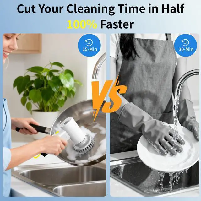 Alt view image 5 of 7 - 3000mAh Cordless Electric Spin Scrubber, 20W High-Torque IPX7 Waterproof Cleaning Brush with 6 Replaceable Heads, Dual Speed 150-180 Mins Runtime for Kitchen Bathroom Car