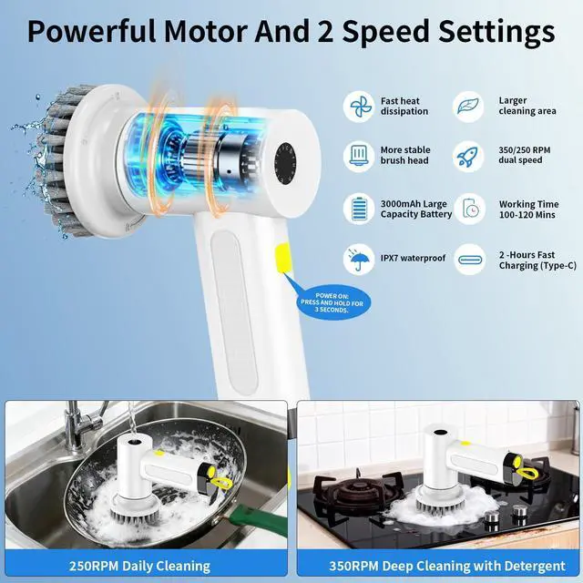 Alt view image 2 of 7 - 3000mAh Cordless Electric Spin Scrubber, 20W High-Torque IPX7 Waterproof Cleaning Brush with 6 Replaceable Heads, Dual Speed 150-180 Mins Runtime for Kitchen Bathroom Car