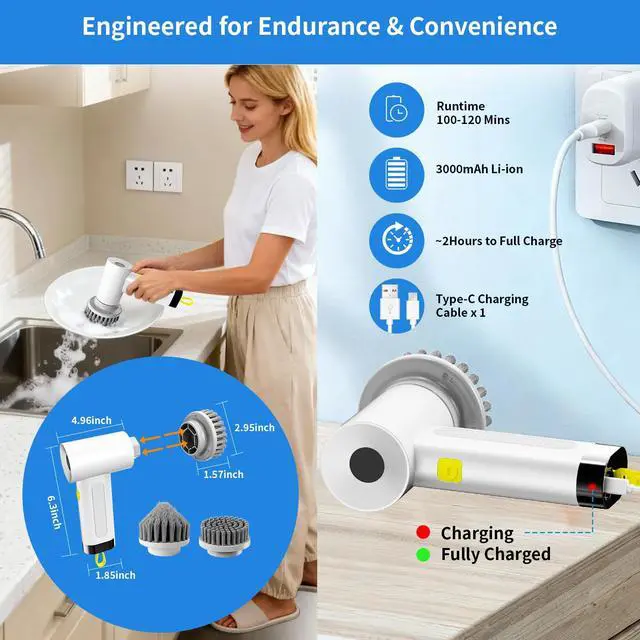 Alt view image 7 of 7 - 3000mAh Cordless Electric Spin Scrubber, 20W High-Torque IPX7 Waterproof Cleaning Brush with 6 Replaceable Heads, Dual Speed 150-180 Mins Runtime for Kitchen Bathroom Car