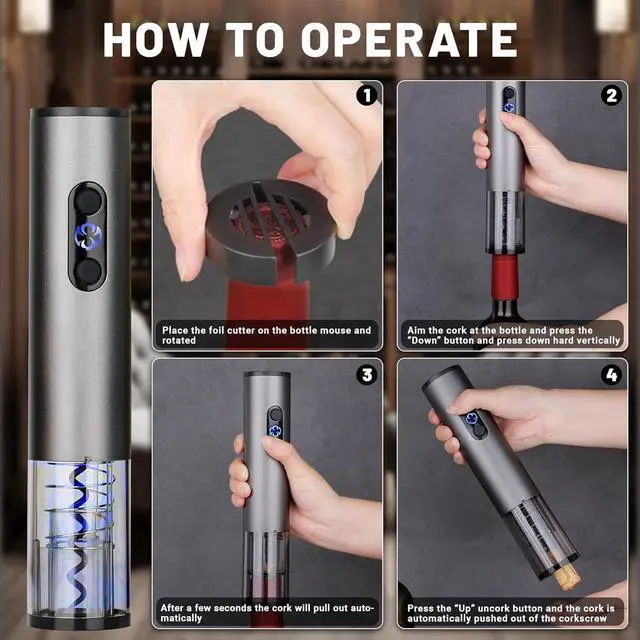 Alt view image 2 of 7 - Electric Wine Opener Set for Red Wine, Rechargeable Automatic Wine Corkscrew Bottle Opener with Foil Cutter, Vacuum Stopper, Wine Pour for Wedding Party Home Gifts