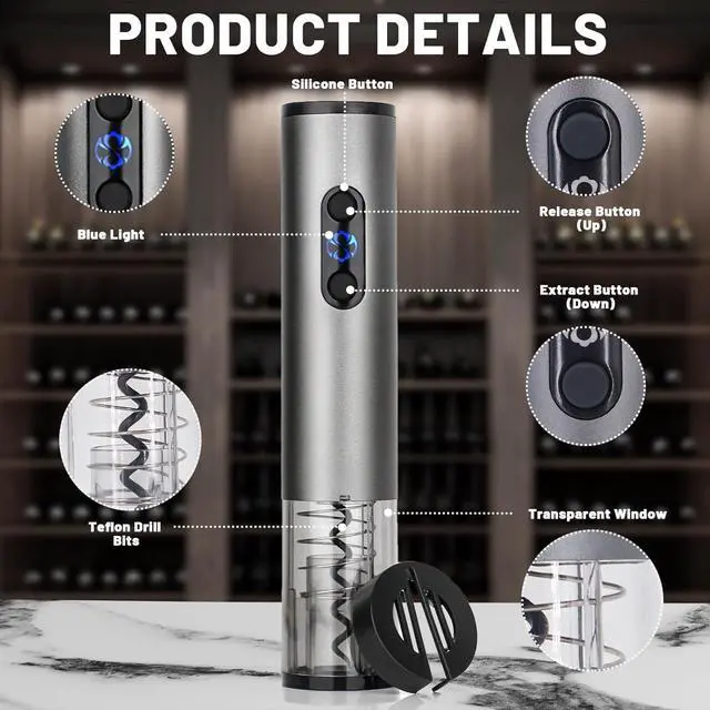 Alt view image 3 of 7 - Electric Wine Opener Set for Red Wine, Rechargeable Automatic Wine Corkscrew Bottle Opener with Foil Cutter, Vacuum Stopper, Wine Pour for Wedding Party Home Gifts
