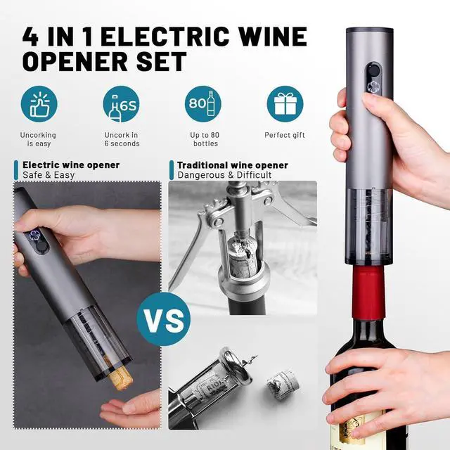 Alt view image 4 of 7 - Electric Wine Opener Set for Red Wine, Rechargeable Automatic Wine Corkscrew Bottle Opener with Foil Cutter, Vacuum Stopper, Wine Pour for Wedding Party Home Gifts