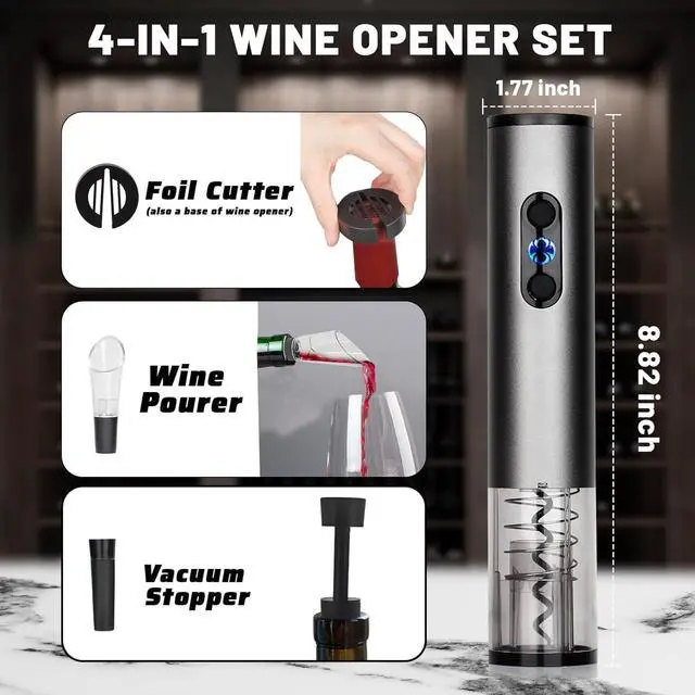 Alt view image 5 of 7 - Electric Wine Opener Set for Red Wine, Rechargeable Automatic Wine Corkscrew Bottle Opener with Foil Cutter, Vacuum Stopper, Wine Pour for Wedding Party Home Gifts