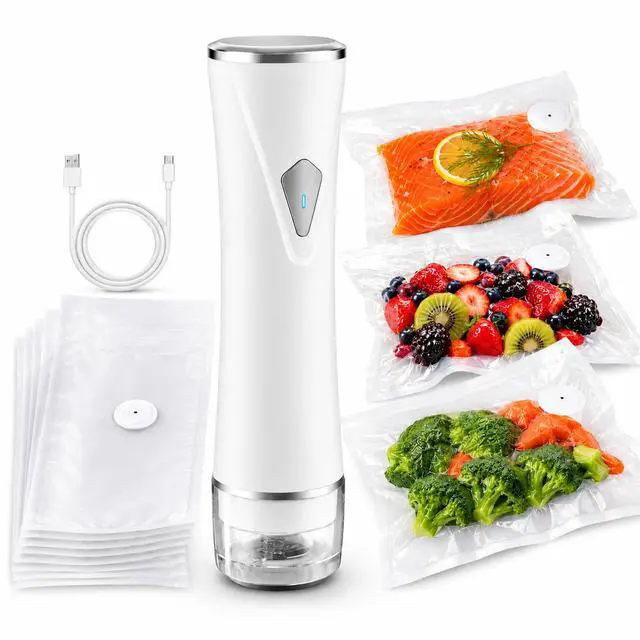 Alt view image 2 of 7 - Compact Vacuum Sealer for Food with Visible Tank, Handheld Vacuum Sealer Machine with 30 Reusable Bags (15S + 15M) for 5X Longer Freshness, Wireless and Portable Food Sealer, White