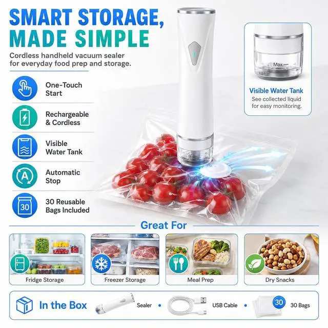 Alt view image 4 of 7 - Compact Vacuum Sealer for Food with Visible Tank, Handheld Vacuum Sealer Machine with 30 Reusable Bags (15S + 15M) for 5X Longer Freshness, Wireless and Portable Food Sealer, White