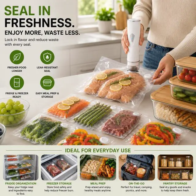 Alt view image 5 of 7 - Compact Vacuum Sealer for Food with Visible Tank, Handheld Vacuum Sealer Machine with 30 Reusable Bags (15S + 15M) for 5X Longer Freshness, Wireless and Portable Food Sealer, White