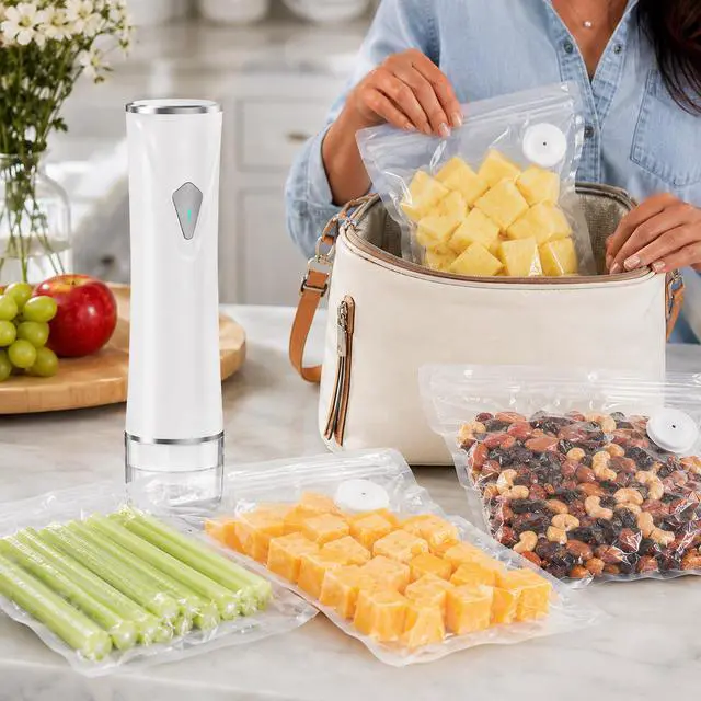 Alt view image 6 of 7 - Compact Vacuum Sealer for Food with Visible Tank, Handheld Vacuum Sealer Machine with 30 Reusable Bags (15S + 15M) for 5X Longer Freshness, Wireless and Portable Food Sealer, White